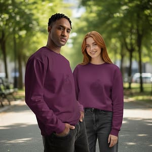 man and woman modeling plucky puffin sweatshirt