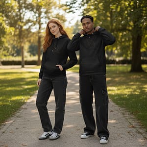 man and woman modeling questing quokka hoodies